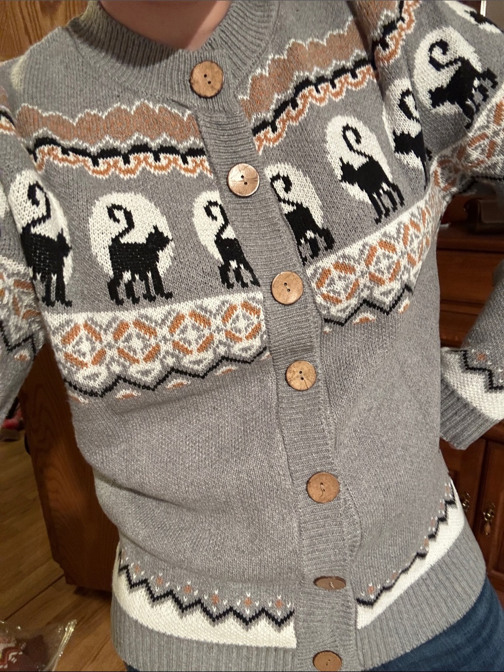 Gray Cat Fair Isle Button-Up Sweater Cardigan - Picture 2 of 2